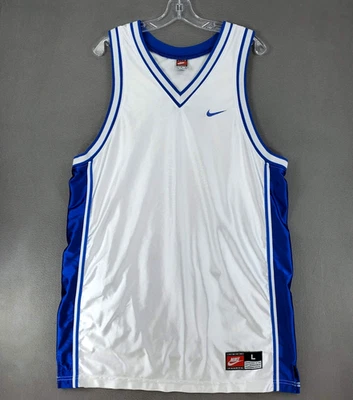 Vintage Nike Tank Top Mens L White Blue Shiny Silky Basketball Jersey Y2K Team - Image 1 of 4