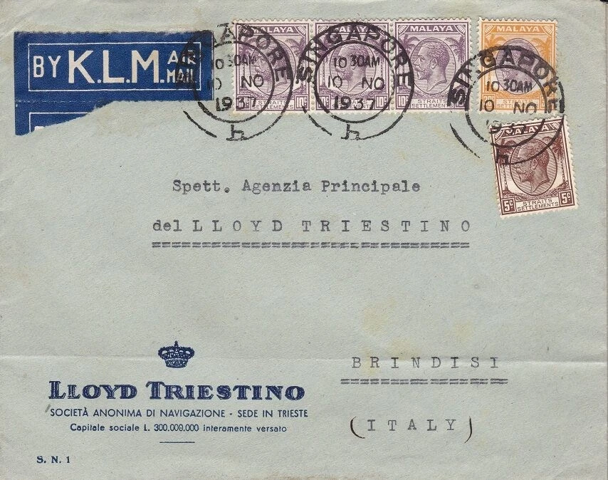 Sobre de correo aéreo 1937 STRAITS SETTLEMENT de Singapur a tostadas Foto 1 de 1