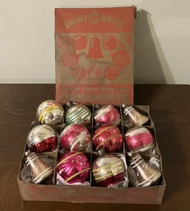 VTG Box (12) Shiny Brite 2.5” Balls & 3” Bell Glass Christmas Ornaments USofA - Picture 1 of 23