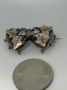 Edwardianische Doppelherzen Brosche Rosegold Efeu Blätter Akzente Sterling gepunzt - Bild 1 von 10