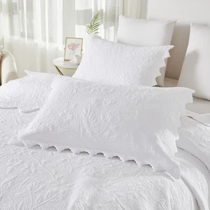 Quilted Pillow Shams Cotton Set of 2 White Standard Size Shabby Vintage Farmhous - Picture 1 of 12