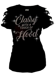 Bling ~ Classy with a touch of Hood Rhinestone T-Shirt Ripped Cut Out Shrt S~4XL - Picture 1 of 2