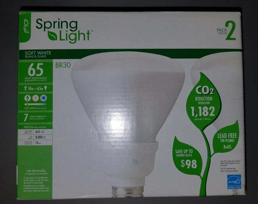 14W BR30 2700K 65W Equal - TCP 8030142 - 7 Year Bulb - Long Life Bulbs - 2 Pack - Image 1 of 3
