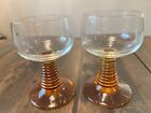Set of 2 Roemer Beehive Stem Wine/Cordial Glasses, Clear Glass Amber Stem German