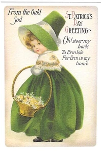 Vintage St Patrick's Day Postcard RETRO Textured NEW REPRINT Antique Little Girl - Picture 1 of 2