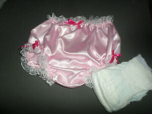 ADULT BABY SISSY PINK SATIN PANTS  & 2 PULL UP NAPPIES LARGE WHITE LACE TRIM