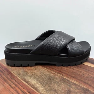 Vionic Vesta Sandals Women's 8.5 Black Leather Cross Strap Slide Platform Lug - Picture 1 of 11