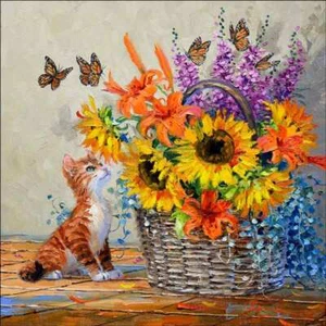 Piastrella ceramica accento e decorazione gattino Mikki Senkarik fiore girasole arte MSA246AT - Foto 1 di 2