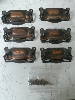 6 Copper Antique Furniture Drawer-Pull Handles with Screws. - Image 1 of 2