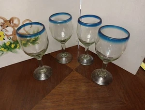 Glasses Vintage Heavy Mexican Recycled Hand-Blown Wine Goblets Turq Blue Rim~4~ - Picture 1 of 8