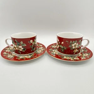 Sakura Christmas Splendor tazza da tè caffè e piattino fiore floreale bordo rosso set di 2 - Foto 1 di 24