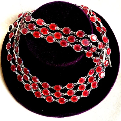 BANANA REPUBLIC RED Bezel-Set 3 Strand Silvertone Necklace Bracelet Set - Image 1 of 4