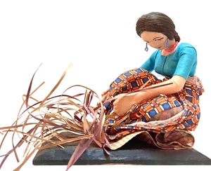 Sri Lanka Folk Art Woman Weaving Rug 5.5” T on Wood Base 6.5”L Hand Made 1983 - Picture 1 of 11