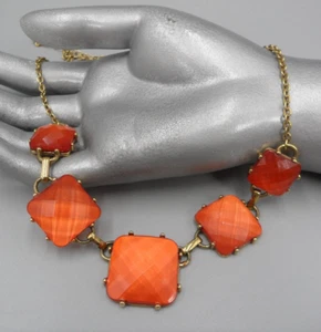 Vintage Bib Necklace Burnt Orange Faceted Glass Square Cabochon Choker NR Signed - Picture 1 of 6