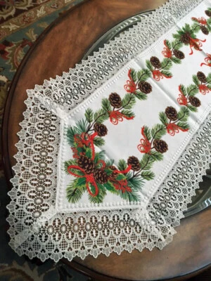 Holiday Christmas Table Runner Crochet Lace, Greenery Boughs Design 70" - Image 1 of 4