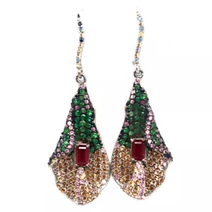 925 Silver 3 x 5 MM. Red Ruby, Chrome Diopside & Sapphire Black Friday Earrings - Picture 1 of 4
