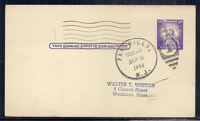 1958 US Postal Stationary Card SC UX46 S63i Type I Plate Flaw Error - Used - Image 1 of 3