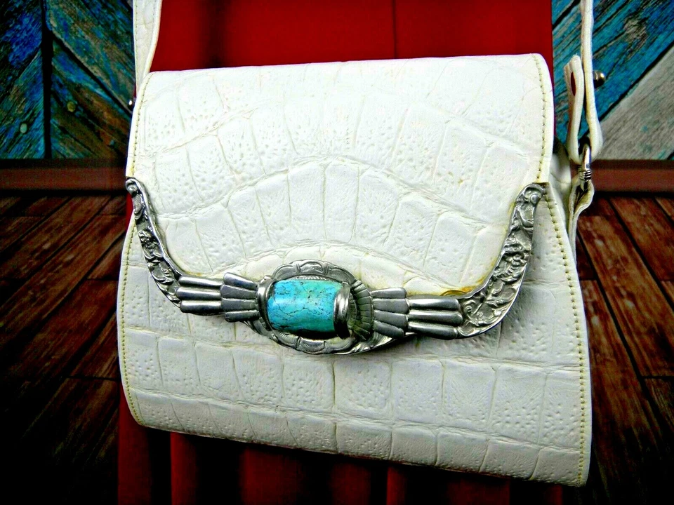 Vtg Glen Miller For Ann Turk White Leather Southwest Concho Turquoise Crossbody - Image 1 of 4