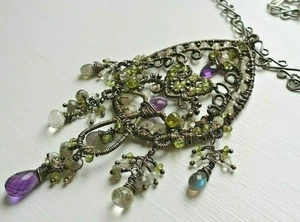Echt Multi Edelsteine 925 Sterling Silber Bohemian Art Work Statement Halskette - Bild 1 von 7