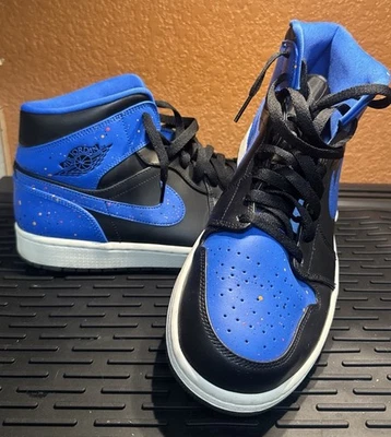 11.5. NIKE AIR JORDAN 1 RETRO I MID ROYAL PAINT SPLATTER BLACK BLUE 554724-048 - Image 1 of 4
