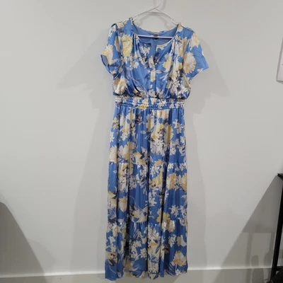 Nicole Miller Womens Dress Size Large Midi Blue Yellow Smocked Cottagecore Satin - Image 1 of 4