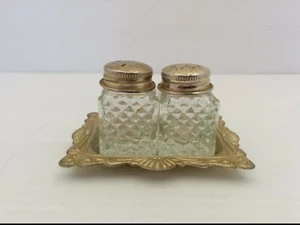 VTG MINI CRYSTAL GLASS SALT/PEPPER SHAKERS WITH 3" x 2-1/4" SILVER PLATED TRAY - Picture 1 of 10