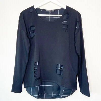 Generation Layered Distressed Window Pane Black Wool Blend Sweatshirt Top XS - Image 1 of 4