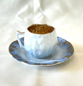 Vintage Gold Lined Pale Blue White Demitasse Cup & Saucer Germany - Picture 1 of 14