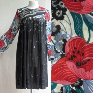 Vtg 70s Dress Mod Hippie Op Art Floral Black Baby Doll Peasant Sleeve Empire M/L - Picture 1 of 9