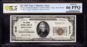 1929 $20 SECOND NATIONAL BANK NOTE CURRENCY HOUSTON TEXAS PCGS B GEM 66 PPQ - Picture 1 of 4