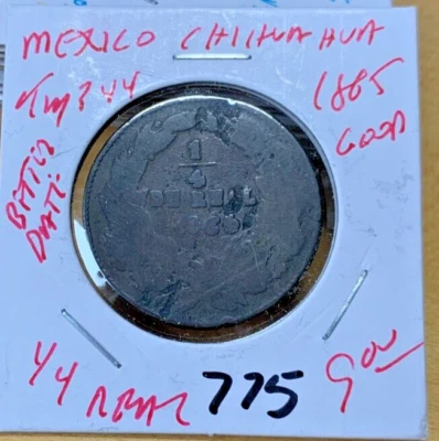 1865 México PRIMERA REPÚBLICA 1/4 Real, corrosión, KM# 344. Moneda #775. Envío gratuito Foto 1 de 2