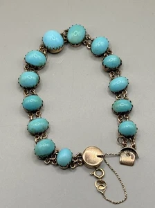 STUNNING ATQ Victorian 10k Yellow Gold Turquoise Cabachon Panel Bracelet 6.5” - Picture 1 of 14