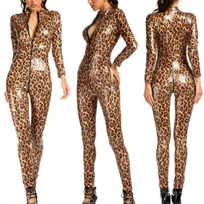 Damen Langarm Leopard Lackleder Bodysuit Reißverschluss Overall Jumpsuit Kostüme - Bild 1 von 4