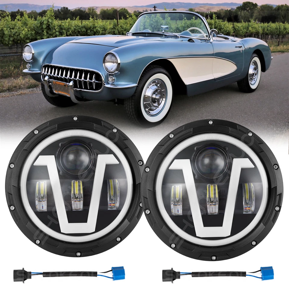 Par de faros LED redondos de 7 pulgadas ojos de ángulo halo para Chevy Corvette 1955-1957 Foto 1 de 4