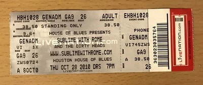 2010 SUBLIME / ROME & THE DIRTY HEADS HOUSE OF BLUES HOUSTON CONCERT TICKET STUB - Image 1 of 2