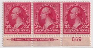 1898 2¢ Washington Plate Block of 3 – BEP Imprint & Plate #869 – OG MLH - Picture 1 of 2