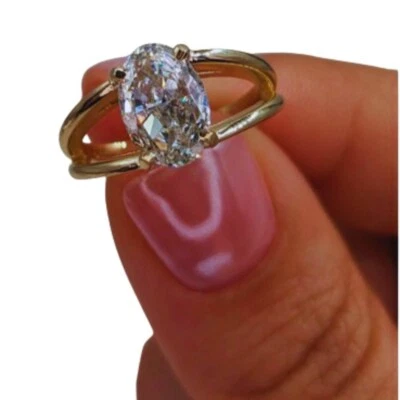 Bague de mariage IGI fine en or jaune 14 carats et diamants taille ovale créé... - Photo 1/4