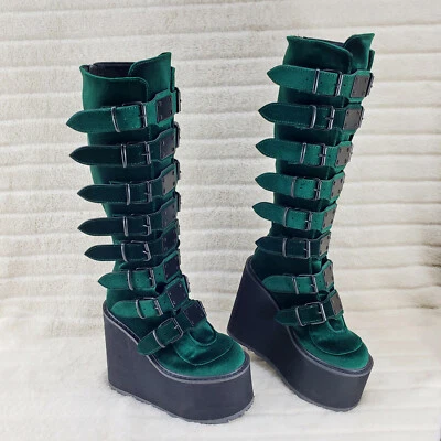 Trinity Swing 815 Bota Rodillera Gótica Terciopelo Verde Esmeralda 5.5" Plataforma NY DEMONIA Foto 1 de 4
