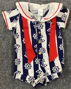 Nannette Romper Boys 3 6 Months Sailor Vintage Blue White Anchor Wheel Red Tie - Picture 1 of 4