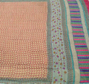 Sushila Vintage Cream Saree 100% Pure Georgette Silk Printed Checks Craft Fabric - Picture 1 of 9