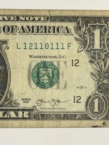 True Trinary Dollar Bill 2013 Series $1 L12110111F Fancy Serial Number ¥ - Picture 1 of 10