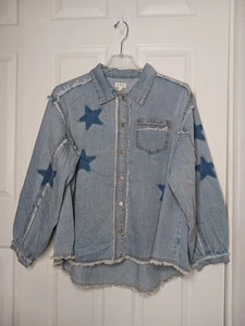 POL Ballonärmel ausgefranster Saum Sternenmuster Denim Button-Down-Jacke LG neu ohne Etikett Y2K - Bild 1 von 15