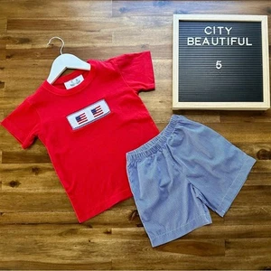 Boutique Smocked Red Fourth of July Flag Knit Shirt Blue Gingham Shorts Set 5 - Picture 1 of 9
