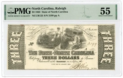 1863 Cr.125 $3 The State of NORTH CAROLINA Note - CIVIL WAR Era PMG AU 55 - Image 1 of 2