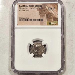 Battria Indo-Greca Menandro Circa 165/55-130 a.C. AR Dracma NGC Scelta F - Foto 1 di 2