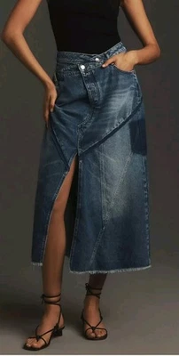 Pilcro Anthropologie Reworked Patched Denim Midi Skirt Size 6 asymmetric waist - Image 1 of 4