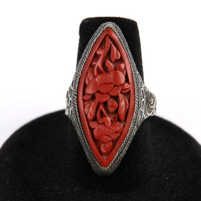 古董纯银戒指 中国出口 银雕刻 花金纳巴戒指 可调节 — 第 1/4 张图片