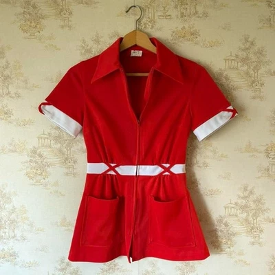 Винтажный 60-х 70-х красный и белый кинжал воротник полный молнии платье Топ XS - Изображение 1 из 4