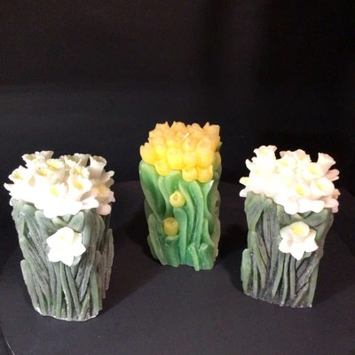 3 Vtg Candle Flower Bouquets: Yellow Roses & White Tulips, Pillar Candles, 6.5” - Image 1 of 4