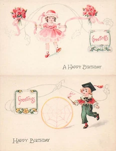 DOS POSTALES DE CUMPLEAÑOS VINTAGE NIÑO CON ARO Y NIÑA CON CINTAS Y FLORES 71323 - Imagen 1 de 5